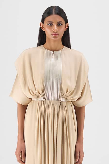 Shop Amit Aggarwal Beige Chiffon, Polyester Round Neck Pleated Layered Dress Online at Aza Fashions Shop_Amit Aggarwal_Beige Chiffon, Polyester Round Neck Pleated Layered Dress _Online_at_Aza_Fashions