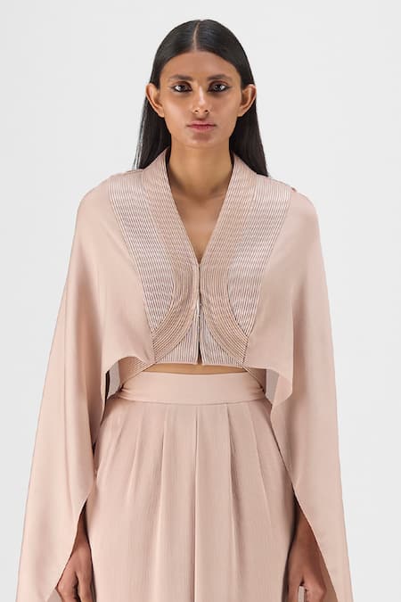 Buy Amit Aggarwal Beige Chiffon V-neck Metallic Structured Cape And Pant Set Online at Aza Fashions Buy_Amit Aggarwal_Beige Chiffon V-neck Metallic Structured Cape And Pant Set _Online_at_Aza_Fashions