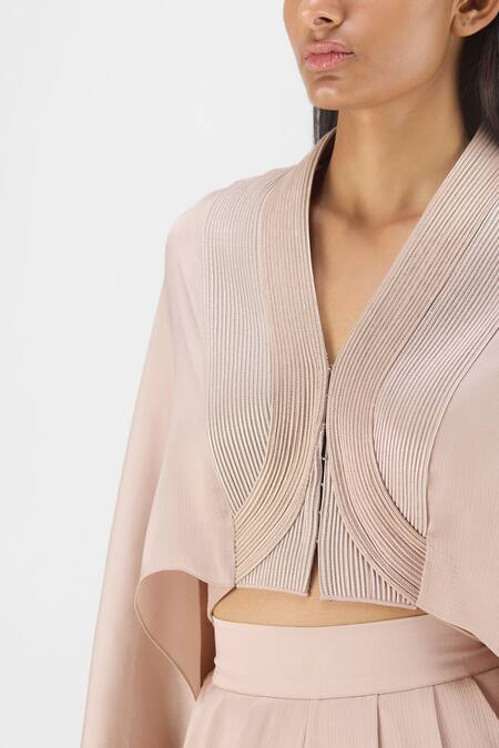 Shop Amit Aggarwal Beige Chiffon V-neck Metallic Structured Cape And Pant Set Online at Aza Fashions Shop_Amit Aggarwal_Beige Chiffon V-neck Metallic Structured Cape And Pant Set _Online_at_Aza_Fashions