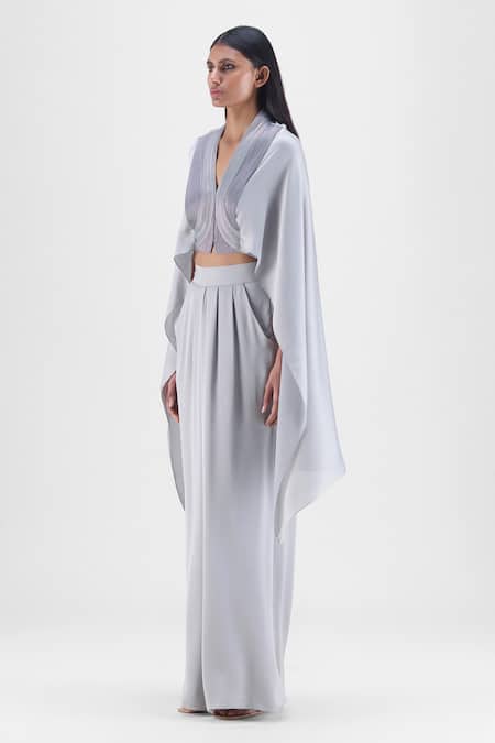 Buy Amit Aggarwal Gray Chiffon V-neck Metallic Structured Cape And Pant Set Online at Aza Fashions Buy_Amit Aggarwal_Gray Chiffon V-neck Metallic Structured Cape And Pant Set _Online_at_Aza_Fashions