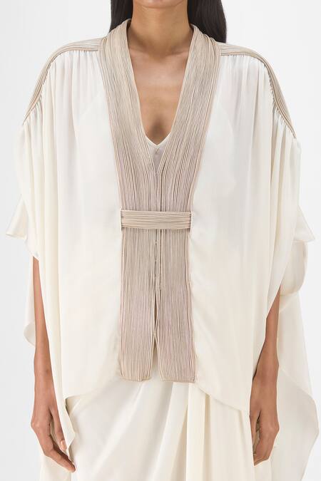Shop_Amit Aggarwal_Off White Chiffon, Polyester V-neck Corded Structured Cape And Skirt Set _Online_at_Aza_Fashions