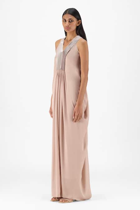 Amit Aggarwal Beige Chiffon, Polyester V-neck Pleated Fluid Dress Online at Aza Fashions Amit Aggarwal_Beige Chiffon, Polyester V-neck Pleated Fluid Dress _Online_at_Aza_Fashions