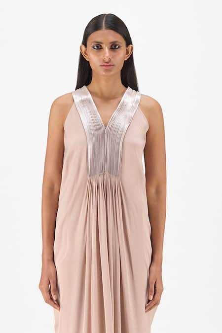 Buy Amit Aggarwal Beige Chiffon, Polyester V-neck Pleated Fluid Dress Online at Aza Fashions Buy_Amit Aggarwal_Beige Chiffon, Polyester V-neck Pleated Fluid Dress _Online_at_Aza_Fashions