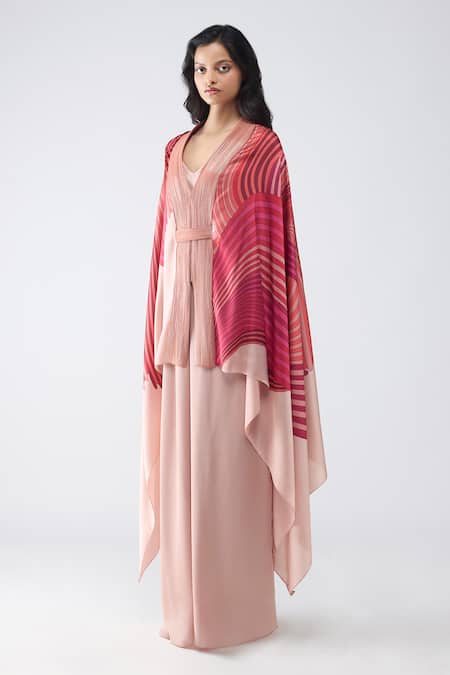 Amit Aggarwal Blush Chiffon V-neck Fish Fin Cape And Pant Set Online at Aza Fashions Amit Aggarwal_Blush Chiffon V-neck Fish Fin Cape And Pant Set _Online_at_Aza_Fashions