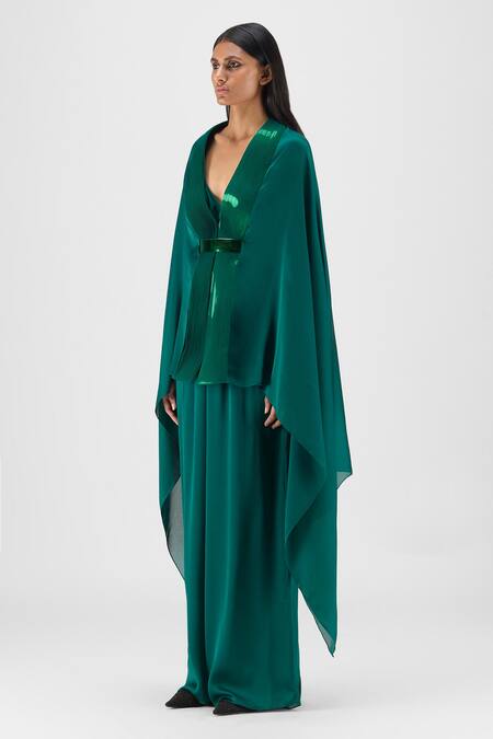 Amit Aggarwal Emerald Green V-neck Metallic Structured Cape Online at Aza Fashions Amit Aggarwal_Emerald Green V-neck Metallic Structured Cape _Online_at_Aza_Fashions