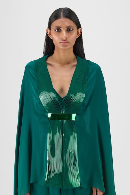 Shop Amit Aggarwal Emerald Green V-neck Metallic Structured Cape Online at Aza Fashions Shop_Amit Aggarwal_Emerald Green V-neck Metallic Structured Cape _Online_at_Aza_Fashions