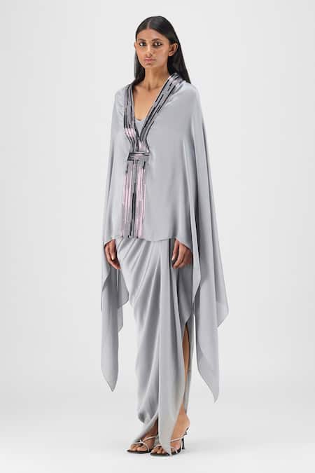 Amit Aggarwal Gray V-neck Metallic Structured Cape Online at Aza Fashions Amit Aggarwal_Gray V-neck Metallic Structured Cape _Online_at_Aza_Fashions