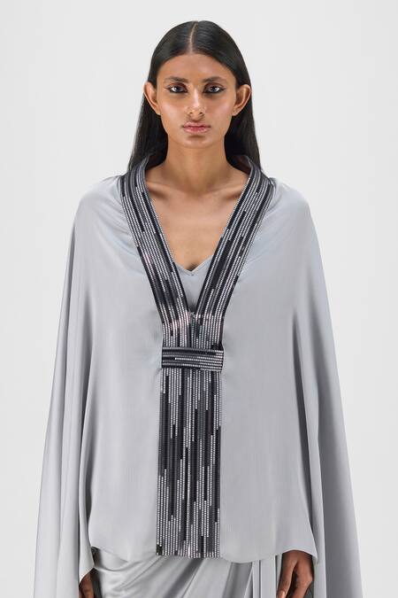 Shop Amit Aggarwal Gray V-neck Metallic Structured Cape Online at Aza Fashions Shop_Amit Aggarwal_Gray V-neck Metallic Structured Cape _Online_at_Aza_Fashions