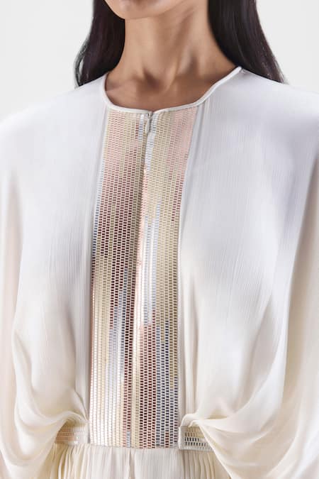 Buy Amit Aggarwal Off White Chiffon, Polyester Round Neck Pleated Layered Dress Online at Aza Fashions Buy_Amit Aggarwal_Off White Chiffon, Polyester Round Neck Pleated Layered Dress _Online_at_Aza_Fashions