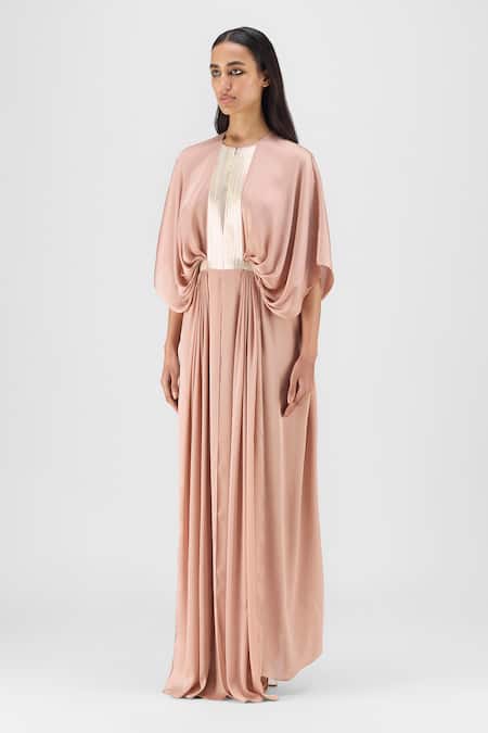 Amit Aggarwal Rose Gold Chiffon, Polyester Metallic Thread Round Neck Pleated Layered Dress Online at Aza Fashions Amit Aggarwal_Rose Gold Chiffon, Polyester Metallic Thread Round Neck Pleated Layered Dress _Online_at_Aza_Fashions