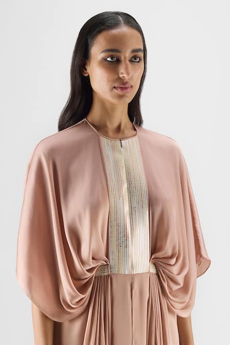 Buy Amit Aggarwal Rose Gold Chiffon, Polyester Metallic Thread Round Neck Pleated Layered Dress Online at Aza Fashions Buy_Amit Aggarwal_Rose Gold Chiffon, Polyester Metallic Thread Round Neck Pleated Layered Dress _Online_at_Aza_Fashions
