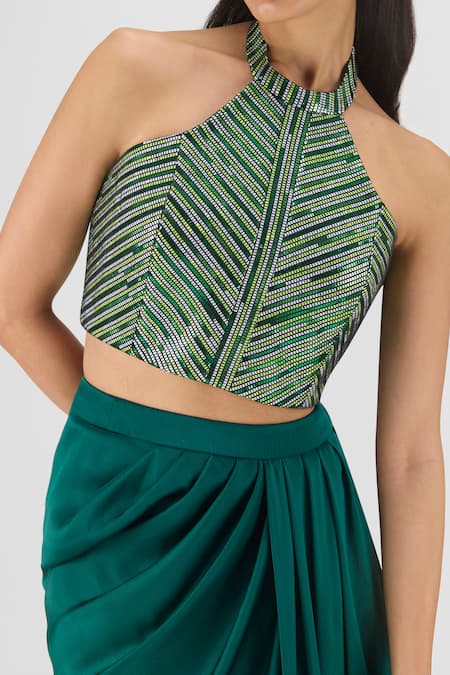 Shop Amit Aggarwal Green Chiffon, Polyester Metallic Thread Halter Neck, Woven Bustier And Skirt Set Online at Aza Fashions Shop_Amit Aggarwal_Green Chiffon, Polyester Metallic Thread Halter Neck, Woven Bustier And Skirt Set _Online_at_Aza_Fashions