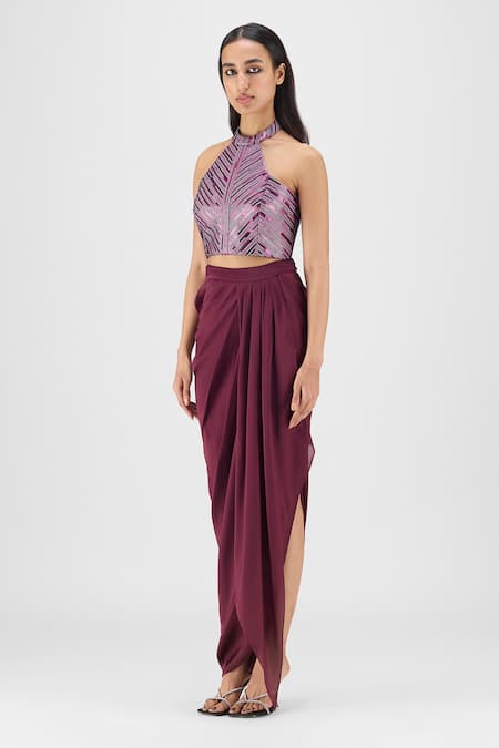 Buy Amit Aggarwal Purple Chiffon, Polyester Metallic Thread Halter Neck Woven Bustier And Skirt Set Online at Aza Fashions Buy_Amit Aggarwal_Purple Chiffon, Polyester Metallic Thread Halter Neck Woven Bustier And Skirt Set _Online_at_Aza_Fashions