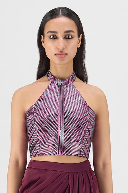 Shop Amit Aggarwal Purple Chiffon, Polyester Metallic Thread Halter Neck Woven Bustier And Skirt Set Online at Aza Fashions Shop_Amit Aggarwal_Purple Chiffon, Polyester Metallic Thread Halter Neck Woven Bustier And Skirt Set _Online_at_Aza_Fashions