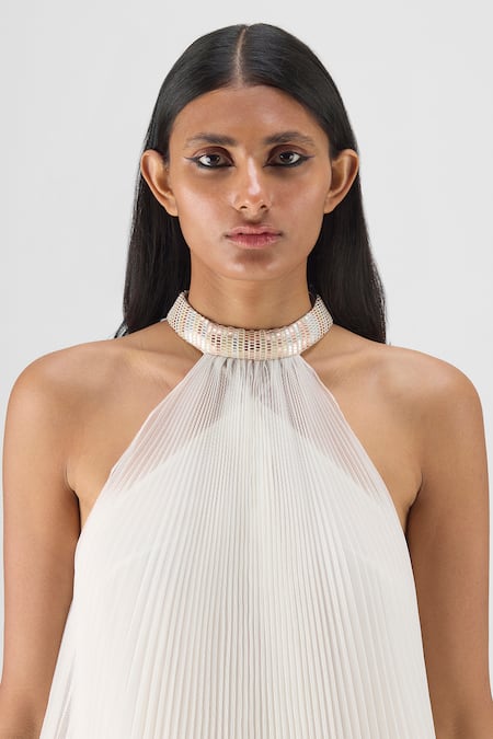Buy Amit Aggarwal Off White Organza, Polyester Halter Neck Pleated Dress Online at Aza Fashions Buy_Amit Aggarwal_Off White Organza, Polyester Halter Neck Pleated Dress _Online_at_Aza_Fashions