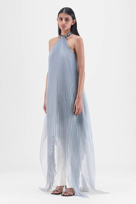 Amit Aggarwal Gray Organza, Polyester Halter Neck Pleated Dress Online at Aza Fashions Amit Aggarwal_Gray Organza, Polyester Halter Neck Pleated Dress _Online_at_Aza_Fashions