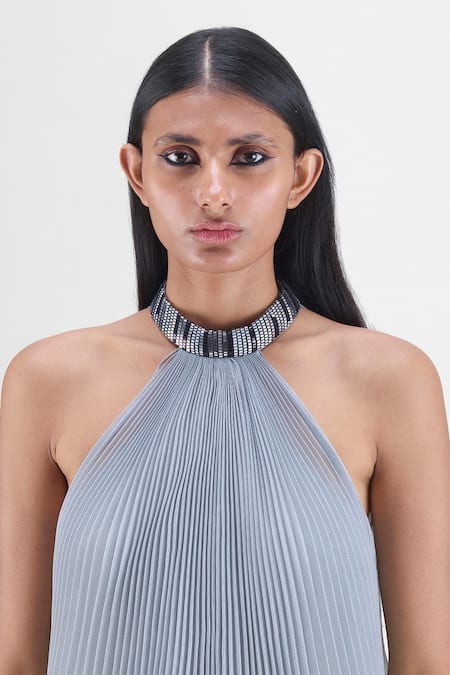 Buy Amit Aggarwal Gray Organza, Polyester Halter Neck Pleated Dress Online at Aza Fashions Buy_Amit Aggarwal_Gray Organza, Polyester Halter Neck Pleated Dress _Online_at_Aza_Fashions