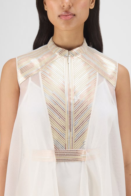Buy Amit Aggarwal Off White Organza, Polyester Metallic Thread High Neck, Mandarin Panelled Dress Online at Aza Fashions Buy_Amit Aggarwal_Off White Organza, Polyester Metallic Thread High Neck, Mandarin Panelled Dress _Online_at_Aza_Fashions