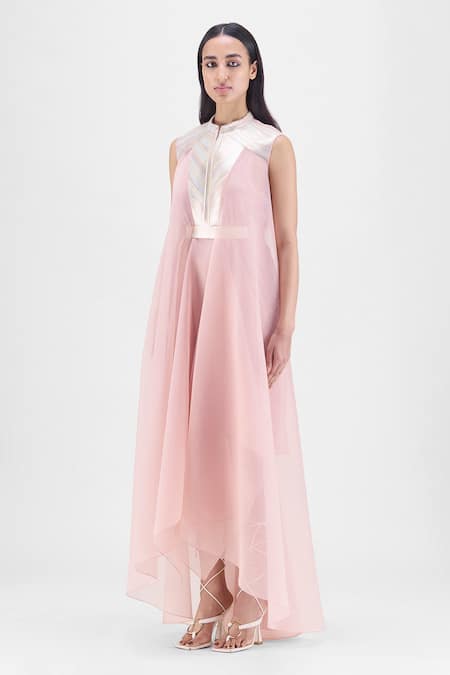 Amit Aggarwal_Rose Gold Organza, Polyester Collared Metallic Panelled Dress _Online_at_Aza_Fashions