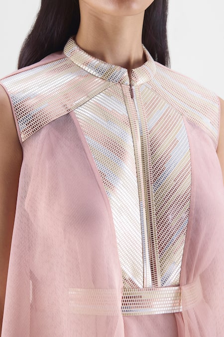 Buy_Amit Aggarwal_Rose Gold Organza, Polyester Collared Metallic Panelled Dress _Online_at_Aza_Fashions