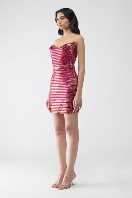 Amit Aggarwal Fuchsia Net, Nylon Sweetheart Neck Metallic Fish Fin Short Dress Online at Aza Fashions Amit Aggarwal_Fuchsia Net, Nylon Sweetheart Neck Metallic Fish Fin Short Dress _Online_at_Aza_Fashions