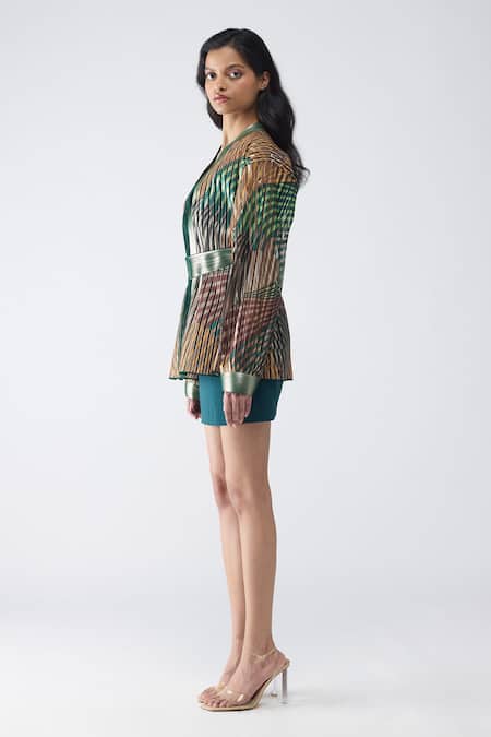 Amit Aggarwal Emerald Green Crepe, Polyester V-neck Fish Fin Cape With Short Dress Online at Aza Fashions Amit Aggarwal_Emerald Green Crepe, Polyester V-neck Fish Fin Cape With Short Dress _Online_at_Aza_Fashions