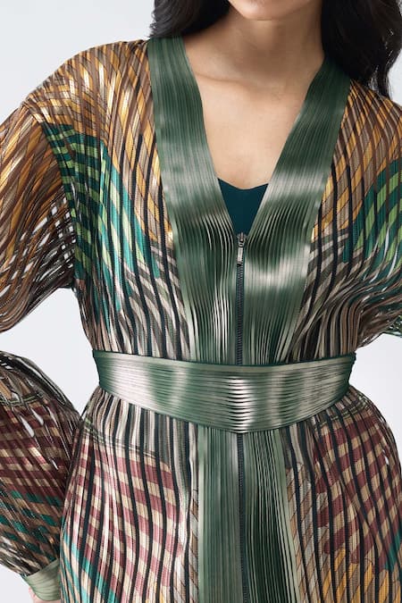 Shop Amit Aggarwal Emerald Green Crepe, Polyester V-neck Fish Fin Cape With Short Dress Online at Aza Fashions Shop_Amit Aggarwal_Emerald Green Crepe, Polyester V-neck Fish Fin Cape With Short Dress _Online_at_Aza_Fashions