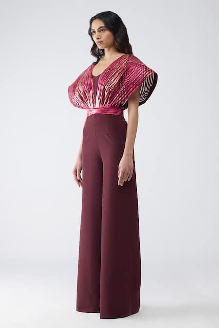 Amit Aggarwal Fuchsia Crepe, Net, Polyester, Nylon V-neck Metallic Fish Fin Jumpsuit Online at Aza Fashions Amit Aggarwal_Fuchsia Crepe, Net, Polyester, Nylon V-neck Metallic Fish Fin Jumpsuit _Online_at_Aza_Fashions