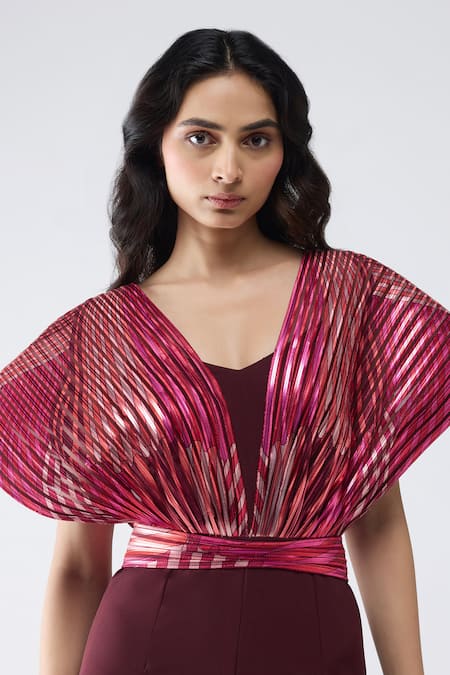 Buy Amit Aggarwal Fuchsia Crepe, Net, Polyester, Nylon V-neck Metallic Fish Fin Jumpsuit Online at Aza Fashions Buy_Amit Aggarwal_Fuchsia Crepe, Net, Polyester, Nylon V-neck Metallic Fish Fin Jumpsuit _Online_at_Aza_Fashions
