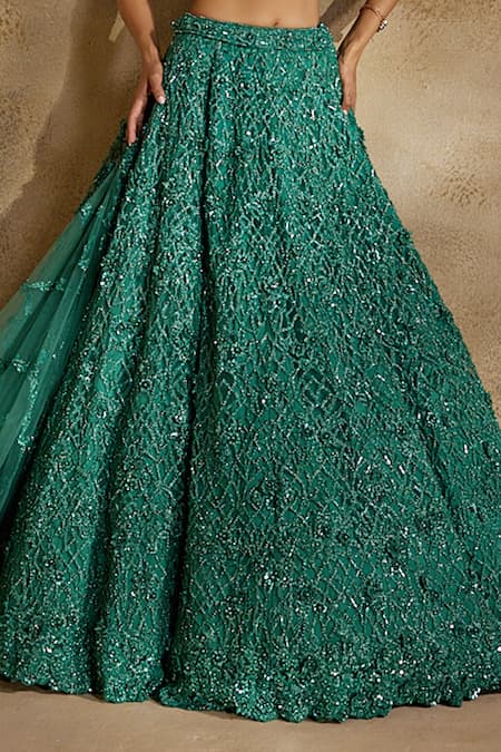 Shop Nitika Gujral Green Net, Satin Beads, Sequins, Crystals, Forest Embellished Lehenga Set Online at Aza Fashions Shop_Nitika Gujral_Green Net, Satin Beads, Sequins, Crystals, Forest Embellished Lehenga Set _Online_at_Aza_Fashions