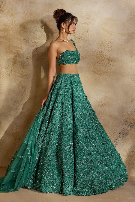 Buy Nitika Gujral Green Net, Satin Beads, Sequins, Crystals, Forest Embellished Lehenga Set Buy_Nitika Gujral_Green Net, Satin Beads, Sequins, Crystals, Forest Embellished Lehenga Set