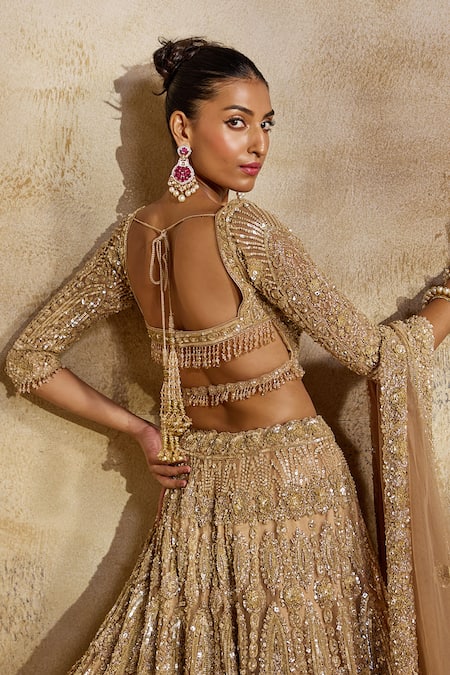 Buy Nitika Gujral Gold Net, Satin Beads, Sequins, Crystals, Embellished Champagne Lehenga Set Buy_Nitika Gujral_Gold Net, Satin Beads, Sequins, Crystals, Embellished Champagne Lehenga Set