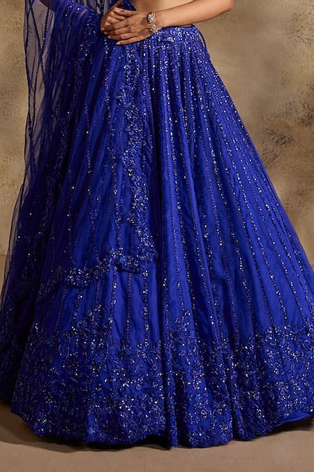 Buy_Nitika Gujral_Blue Organza, Net Beads, Crystals, Sequins, Embellished Electric Lehenga Set _Online_at_Aza_Fashions
