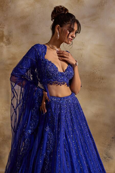 Nitika Gujral_Blue Organza, Net Beads, Crystals, Sequins, Embellished Electric Lehenga Set _at_Aza_Fashions