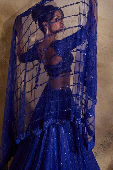 Buy_Nitika Gujral_Blue Organza, Net Beads, Crystals, Sequins, Embellished Electric Lehenga Set 