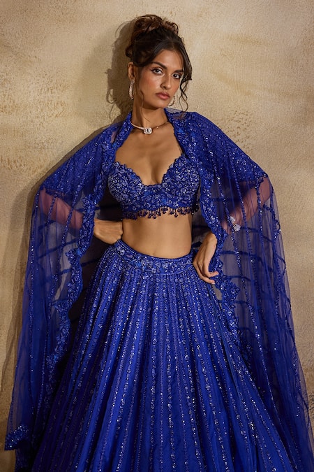Shop_Nitika Gujral_Blue Organza, Net Beads, Crystals, Sequins, Embellished Electric Lehenga Set 