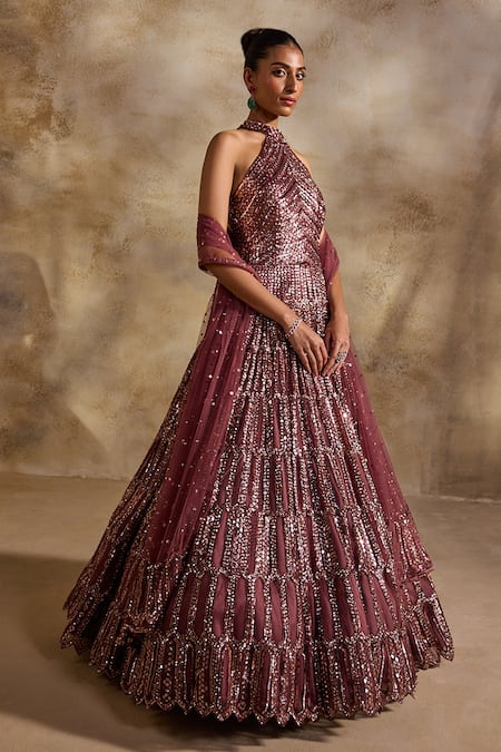 Buy_Nitika Gujral_Pink Satin, Net Sequins, Crystals Halter Neck Embellished Anarkali With Dupatta _Online_at_Aza_Fashions