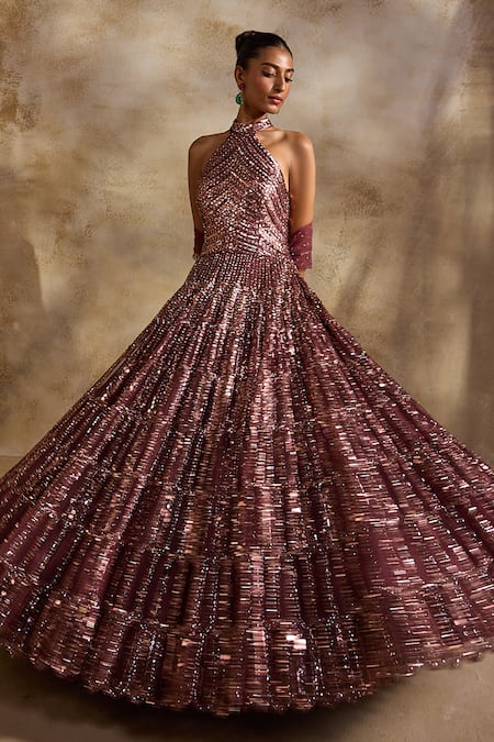 Nitika Gujral_Pink Satin, Net Sequins, Crystals Halter Neck Embellished Anarkali With Dupatta _at_Aza_Fashions