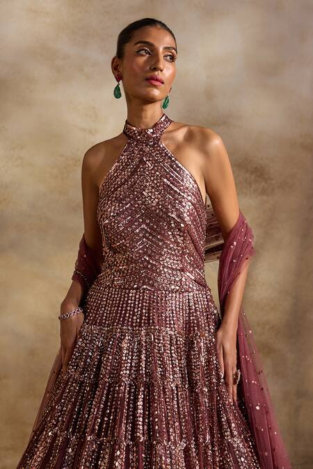 Buy_Nitika Gujral_Pink Satin, Net Sequins, Crystals Halter Neck Embellished Anarkali With Dupatta 