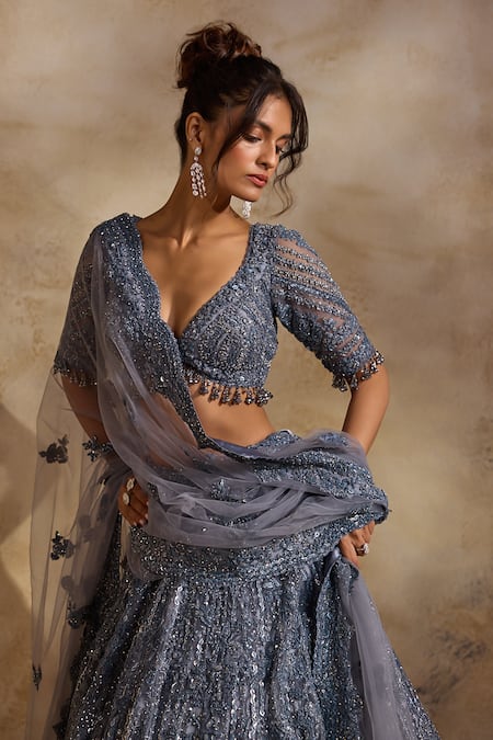 Shop Nitika Gujral Gray Net, Satin Embroidery, Beads, Crystals, Tonal Embellished Lehenga Set Online at Aza Fashions Shop_Nitika Gujral_Gray Net, Satin Embroidery, Beads, Crystals, Tonal Embellished Lehenga Set _Online_at_Aza_Fashions
