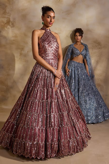 Buy Nitika Gujral Gray Net, Satin Embroidery, Beads, Crystals, Tonal Embellished Lehenga Set Buy_Nitika Gujral_Gray Net, Satin Embroidery, Beads, Crystals, Tonal Embellished Lehenga Set