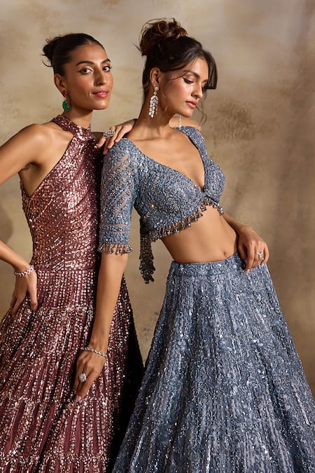 Shop Nitika Gujral Gray Net, Satin Embroidery, Beads, Crystals, Tonal Embellished Lehenga Set Shop_Nitika Gujral_Gray Net, Satin Embroidery, Beads, Crystals, Tonal Embellished Lehenga Set