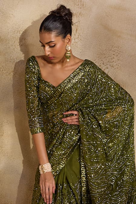 Buy_Nitika Gujral_Olive Green Organza, Lycra, Satin Beads, Sequins, Embellished Saree With Blouse _Online_at_Aza_Fashions