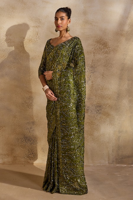 Shop_Nitika Gujral_Olive Green Organza, Lycra, Satin Beads, Sequins, Embellished Saree With Blouse _Online_at_Aza_Fashions