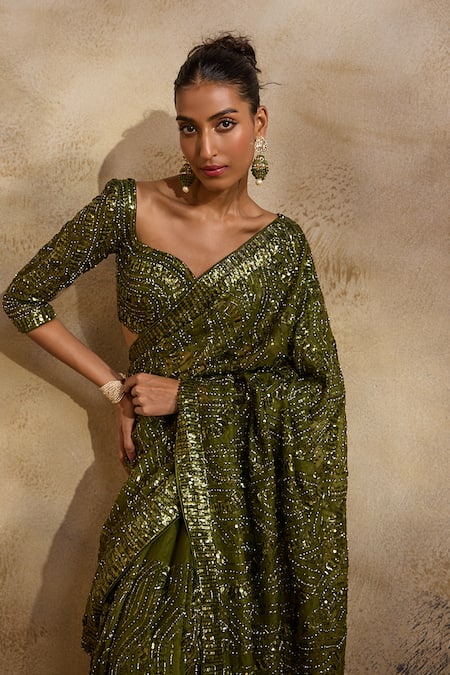 Nitika Gujral_Olive Green Organza, Lycra, Satin Beads, Sequins, Embellished Saree With Blouse _at_Aza_Fashions