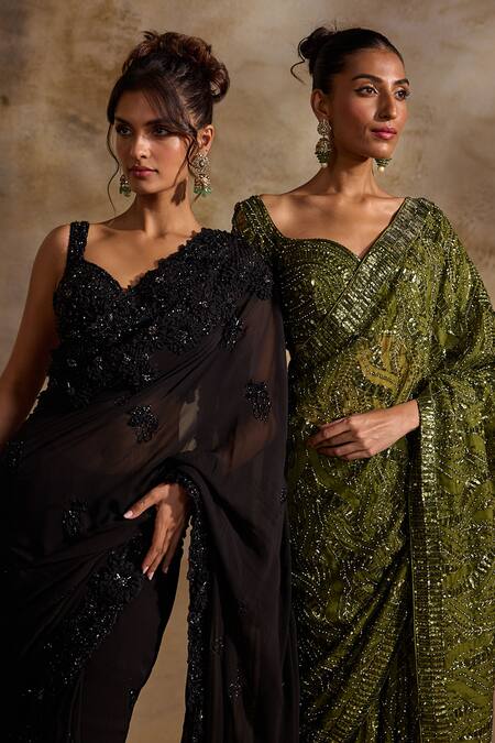 Shop_Nitika Gujral_Black Georgette, Satin Sequins, Beads, Tonal Embellished Saree With Blouse _Online_at_Aza_Fashions