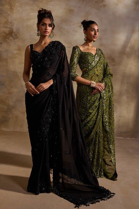 Buy_Nitika Gujral_Black Georgette, Satin Sequins, Beads, Tonal Embellished Saree With Blouse 