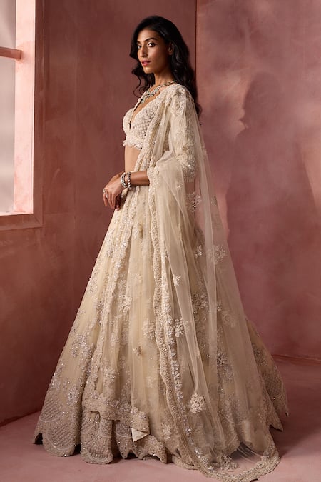 Buy_Nitika Gujral_Cream Organza, Net, Satin Embroidery, Sequins, Beads, Floral Pattern Lehenga Set _Online_at_Aza_Fashions