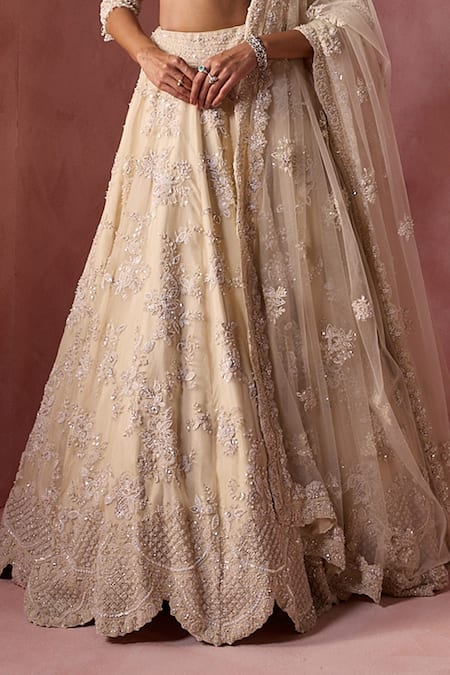 Shop_Nitika Gujral_Cream Organza, Net, Satin Embroidery, Sequins, Beads, Floral Pattern Lehenga Set _Online_at_Aza_Fashions