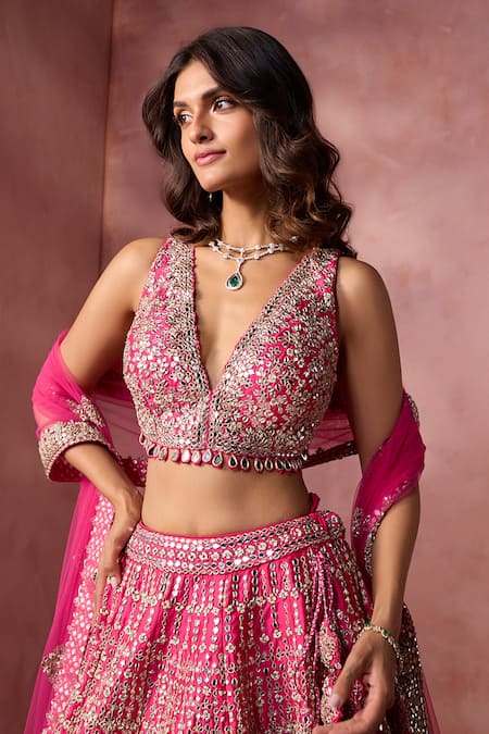 Buy Nitika Gujral Fuchsia Taffeta, Shantoon, Tulle Zari, Mirrors, Geometric Pattern Lehenga Set Online at Aza Fashions Buy_Nitika Gujral_Fuchsia Taffeta, Shantoon, Tulle Zari, Mirrors, Geometric Pattern Lehenga Set _Online_at_Aza_Fashions